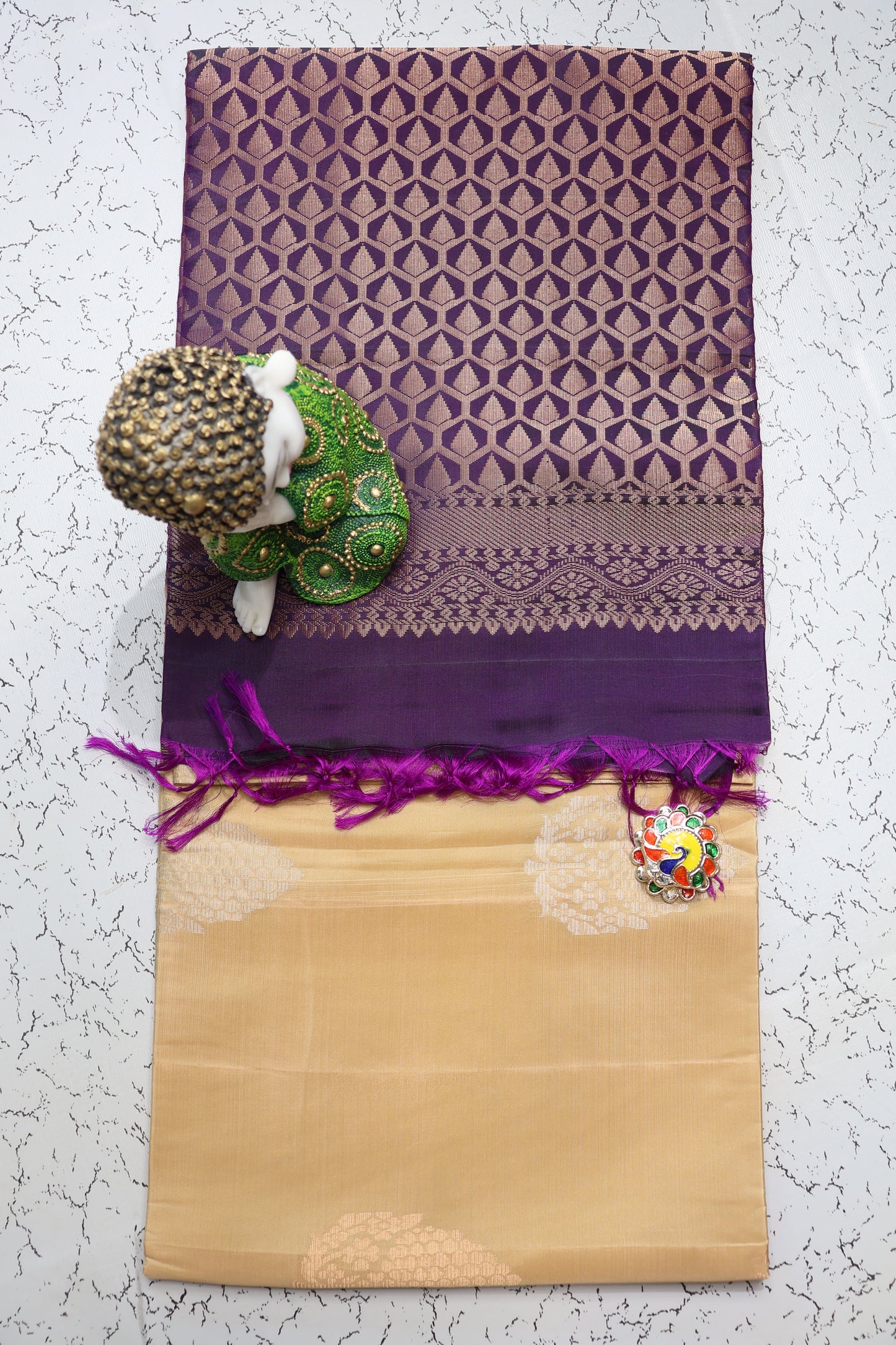 Festive and Wedding wear Pastel beige color semi silk hand woven saree with Dark purple pallu