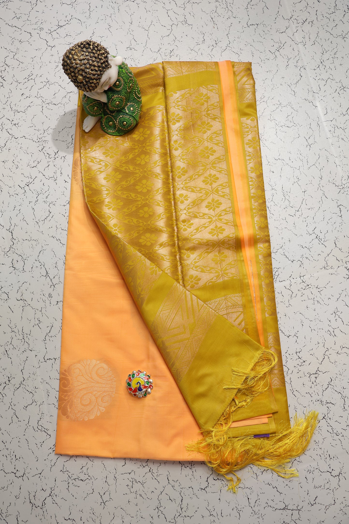 Festive and wedding wear Sandal yellow and mehndi green soft silk saree