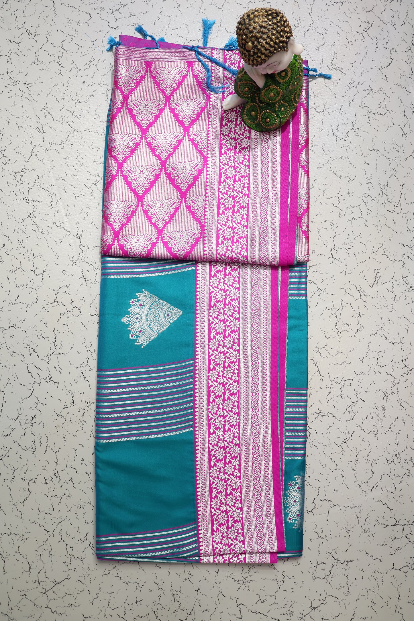 Festive wear Budget friendly Bluish green and Magenta semi silk saree