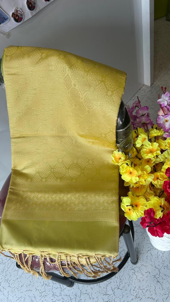 Budget friendly hand woven mehndi green and Golden yellow semi-silk saree