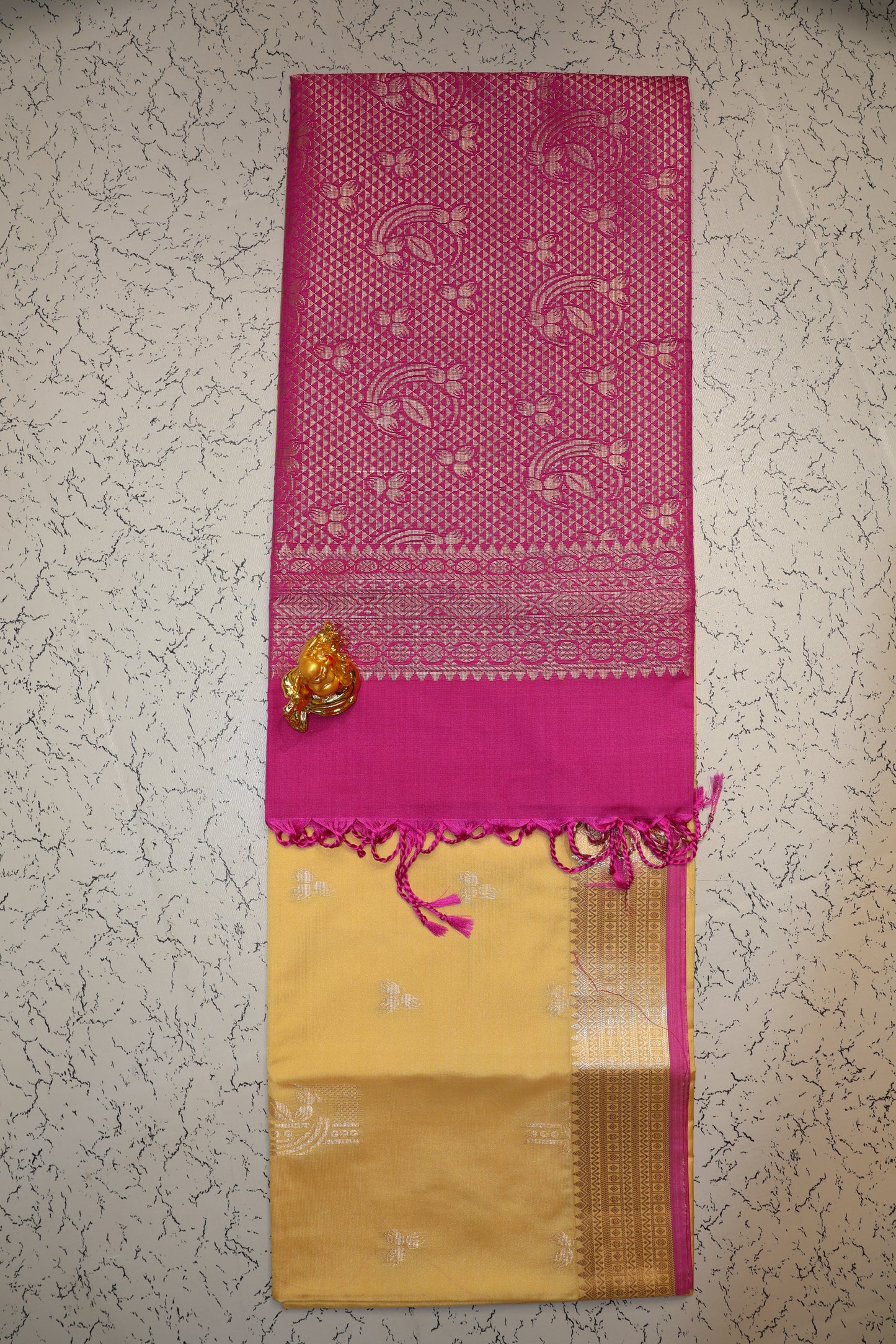Festive & Wedding Luxury Beige Semi Silk Saree with Rani pink pallu