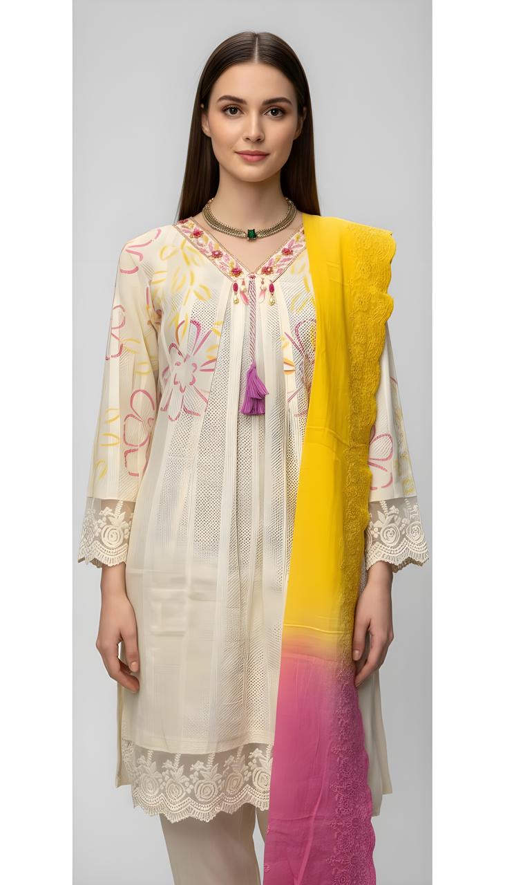 New Trending Knee Length Cotton half white and yellow Anarkali kurta set
