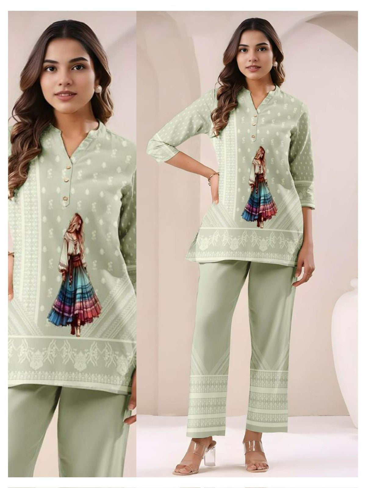 Office and college wear Slub Cotton Pastel green Co-ord Sets
