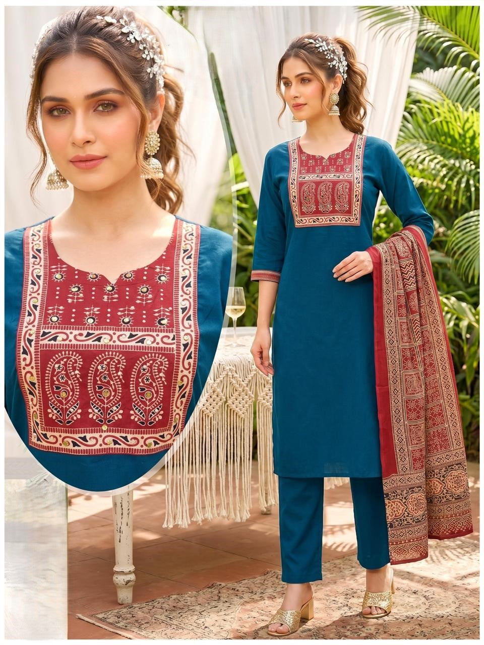 Premium Dabu Cotton Teal Blue Kurta Set for Women with Dupatta