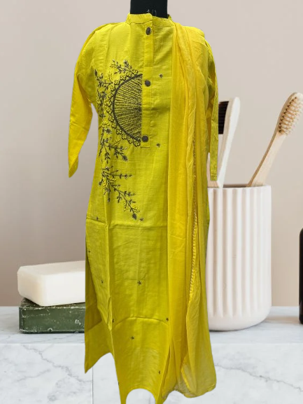 Premium Lemon yellow silk kurti with dupatta