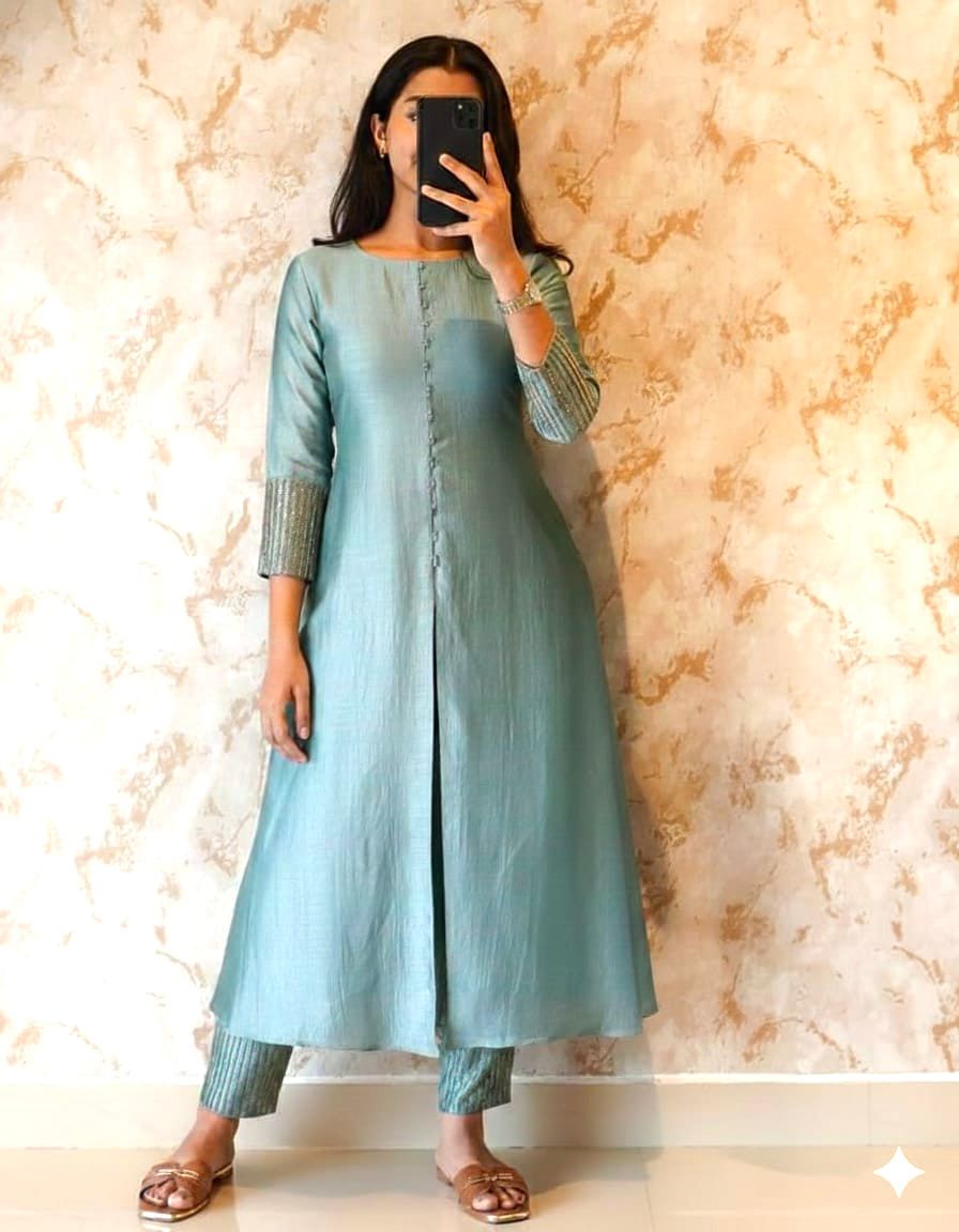 Premium blooming Vichitra silk A-Line Gray color set