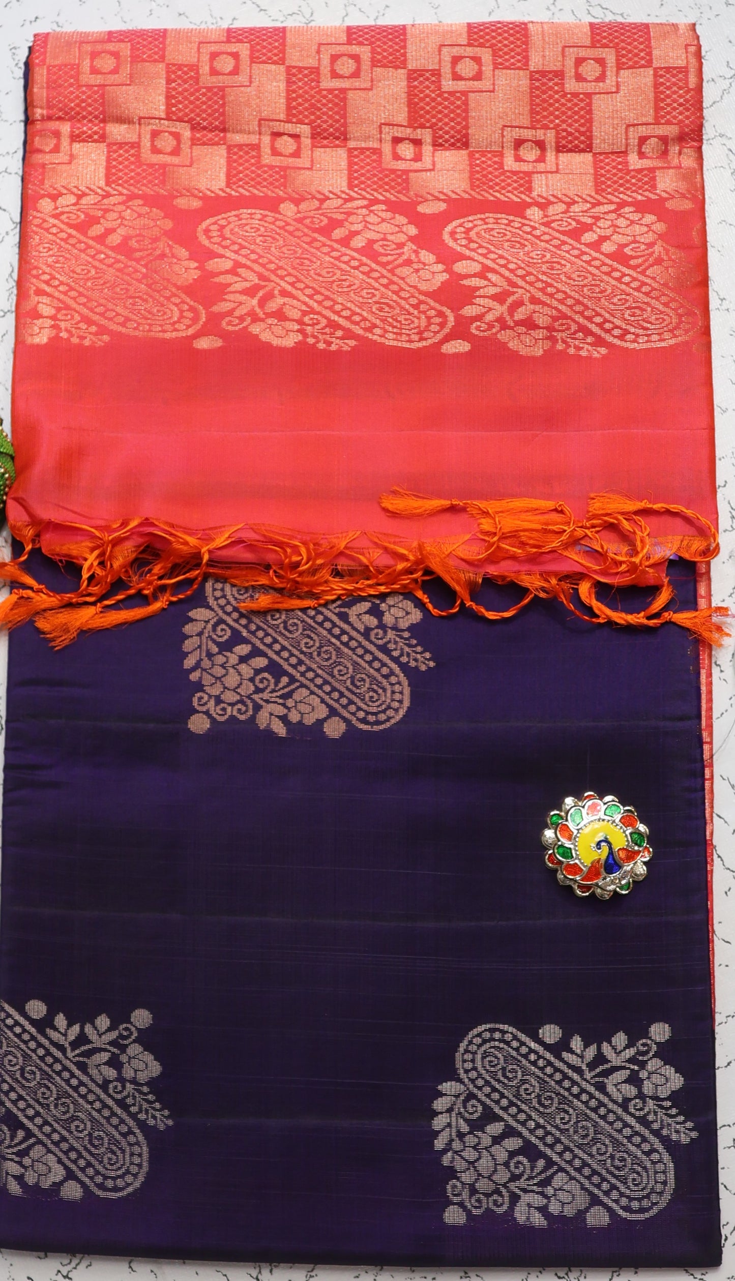 Premium hand woven Dark purple and Orange semi silk saree