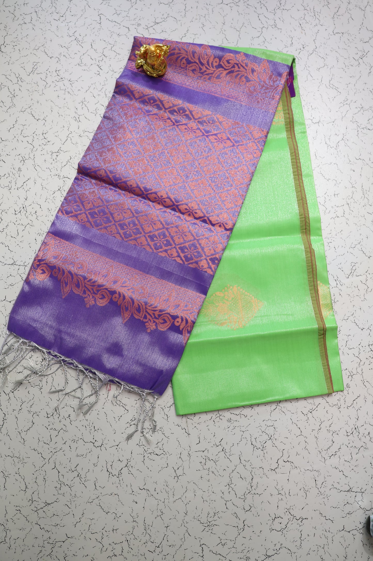 Purple lavender pallu and parrot green festive tissue saree with gold patterns online in Chennai