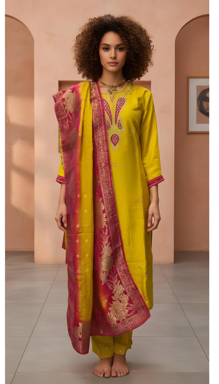 Traditional festive wear Yellow and Rani pink kurta set