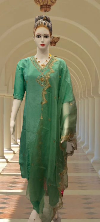 Trending festive shimmer silk bluish green kurta set