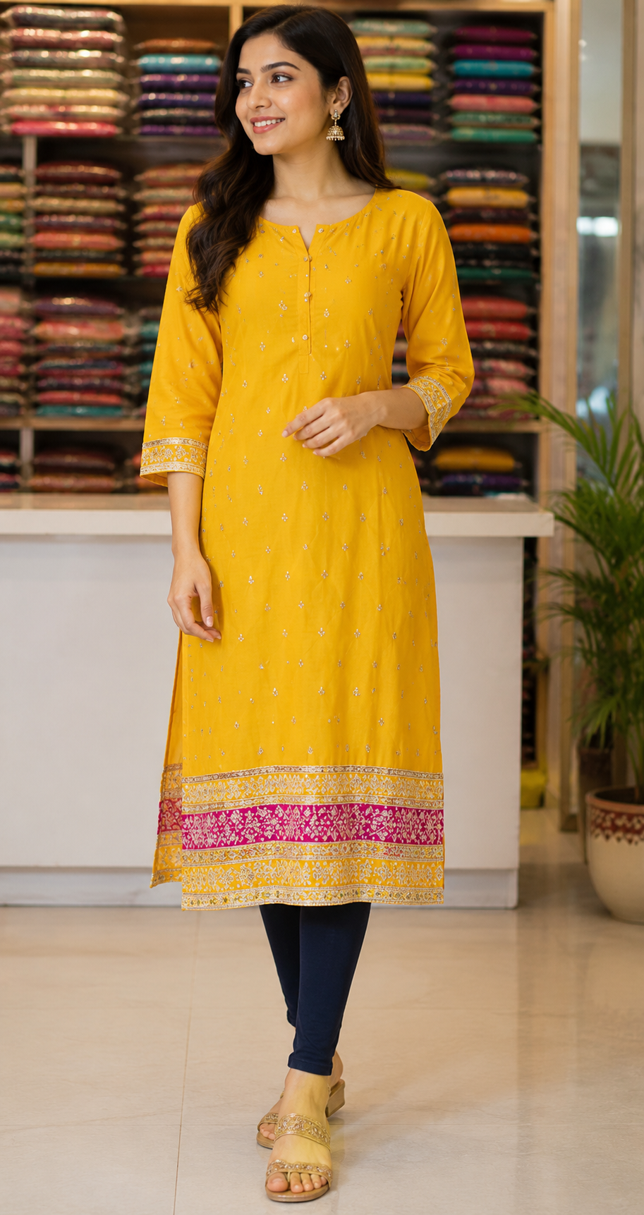 Vichitra Silk Yellow Embroidered Kurti