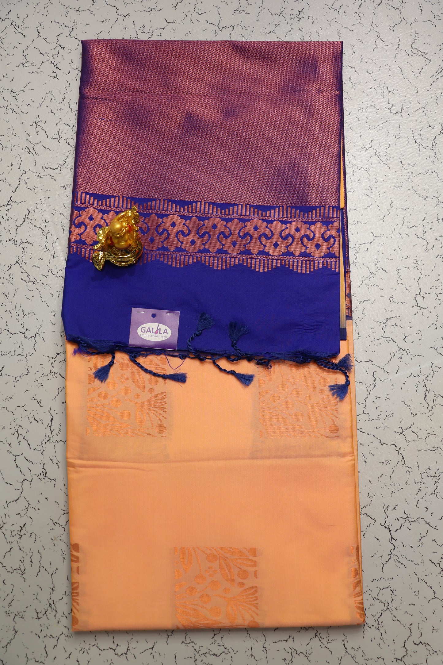Wedding and festive season Peach colour saree with Royal Blue pallu