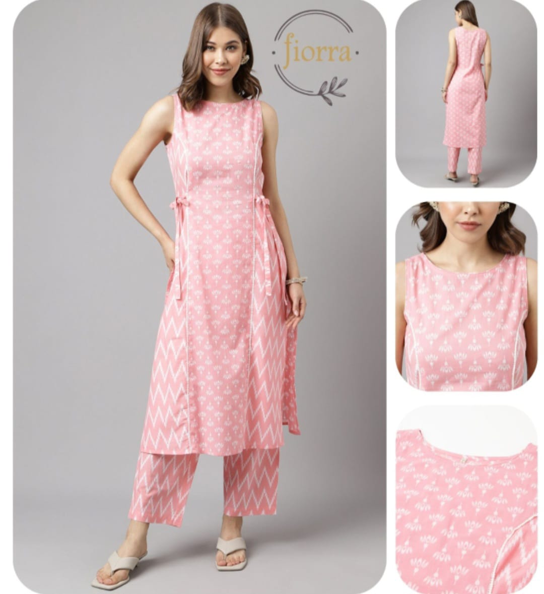 Sleeveless cotton pink kurta with pants