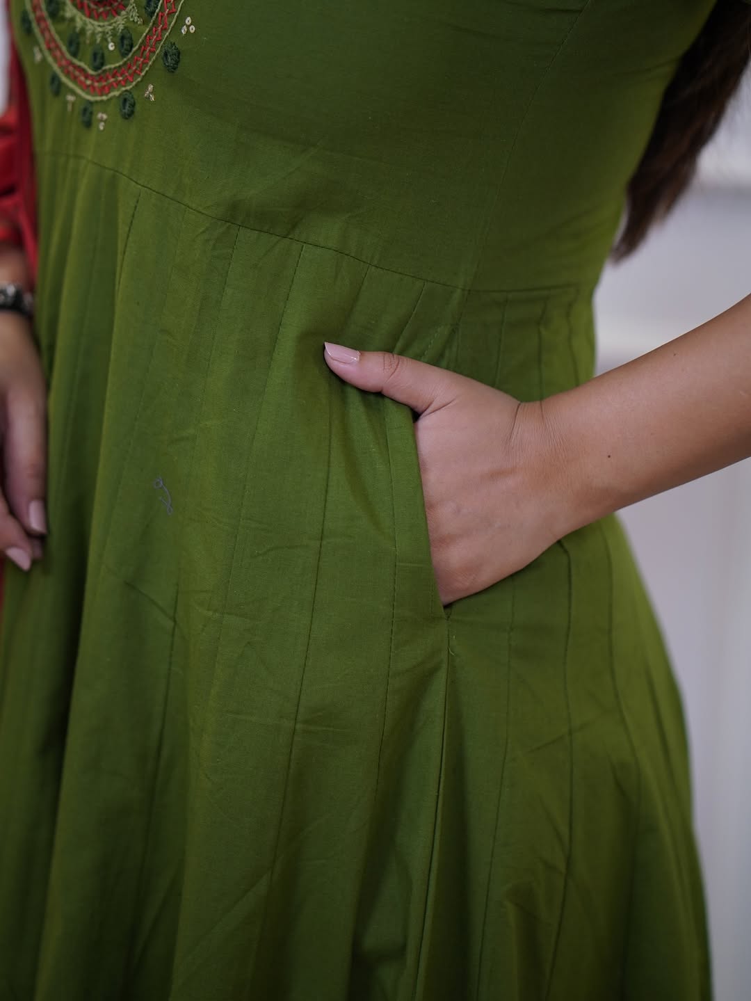 Premium cotton Anarkali Rust & Green kurta set