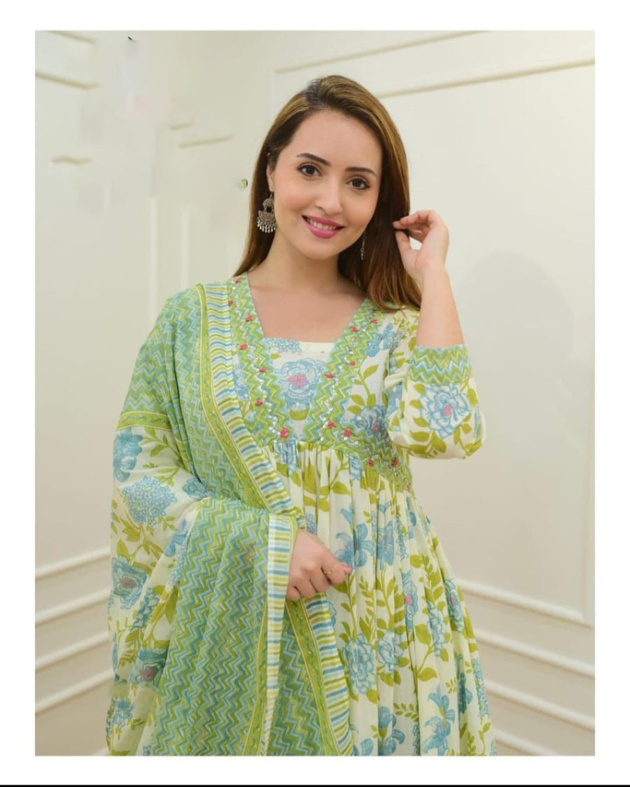 Office and college wear Muslin cotton Aliya cut green Kurta set