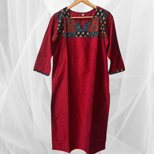 Maroon silk office kurti with kalamkari design