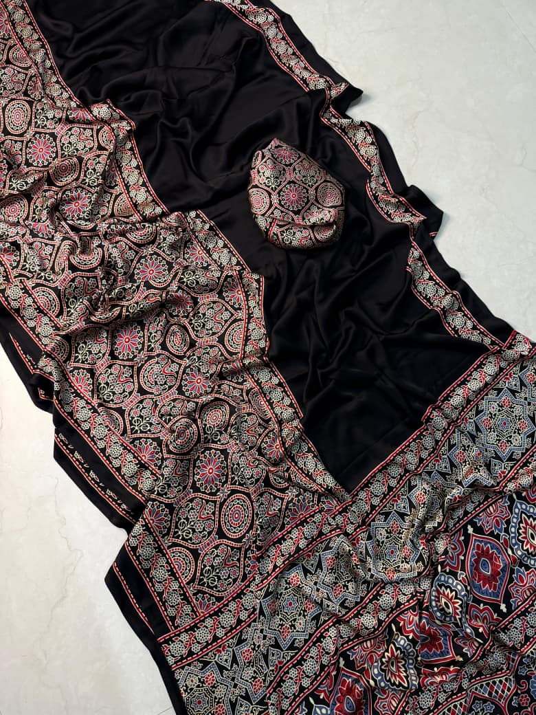 Office wear Premium Ajrakh Pure crepe Saree