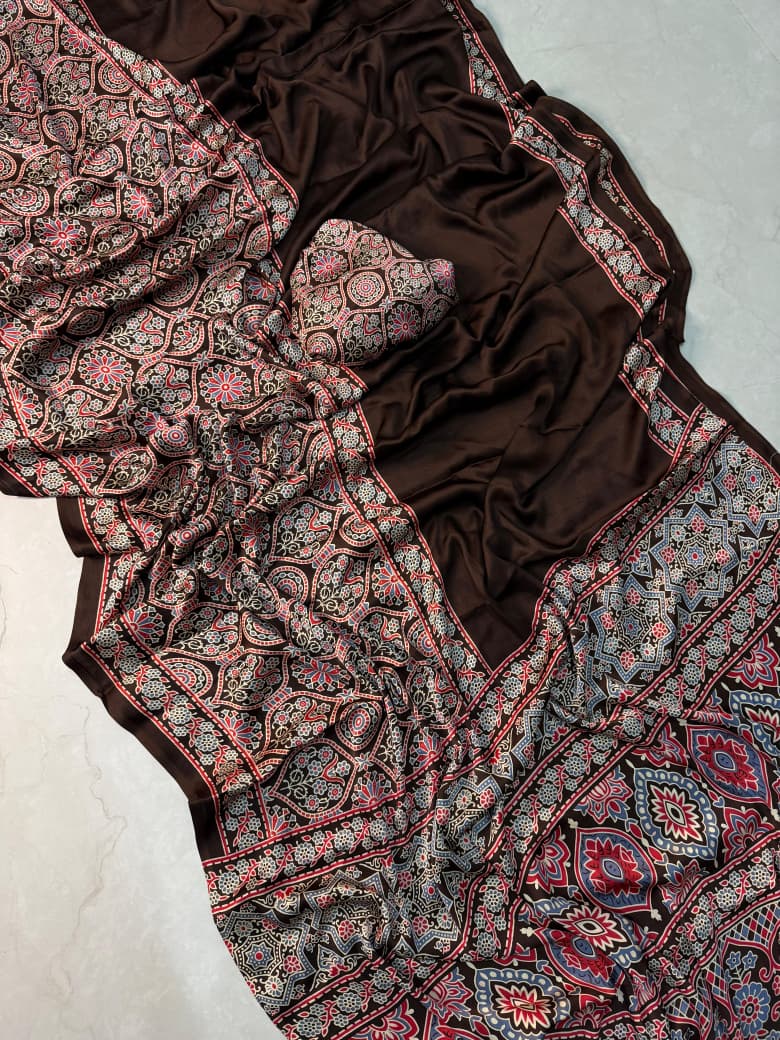 Office wear Premium Ajrakh Pure crepe Saree