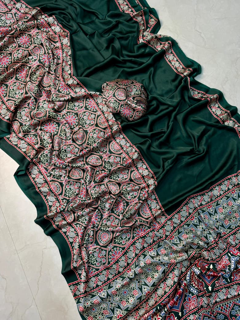 Office wear Premium Ajrakh Pure crepe Saree