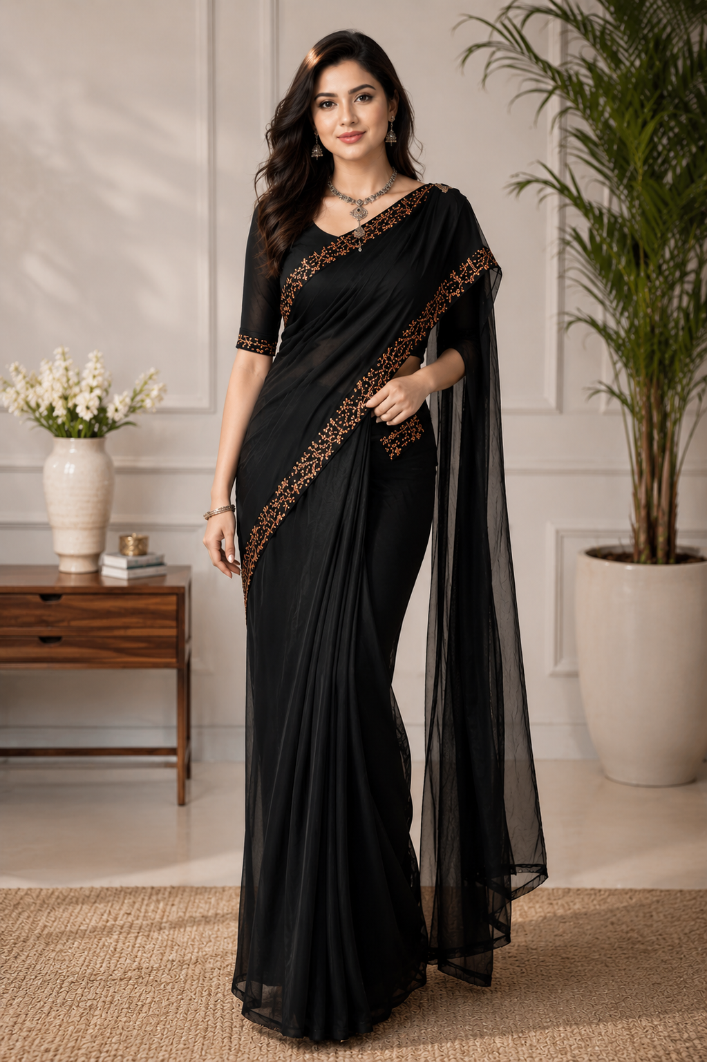 Black Georgette Ready to Wear Saree for Women