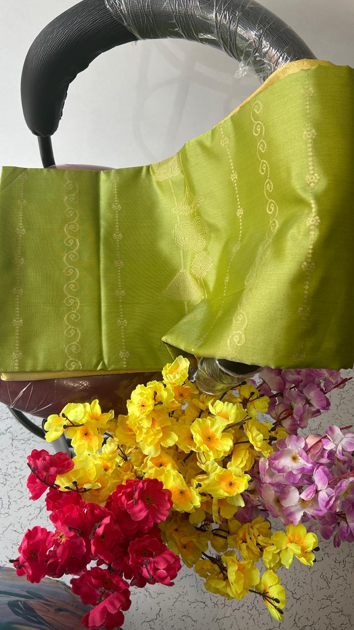 Budget friendly hand woven mehndi green and Golden yellow semi-silk saree