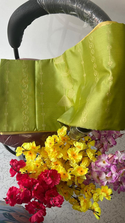 Budget friendly hand woven mehndi green and Golden yellow semi-silk saree