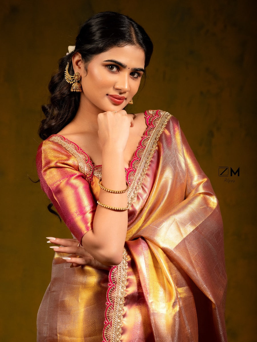 Trending celebrity inspired Premium Soft Banarasi Tissue Silk Saree