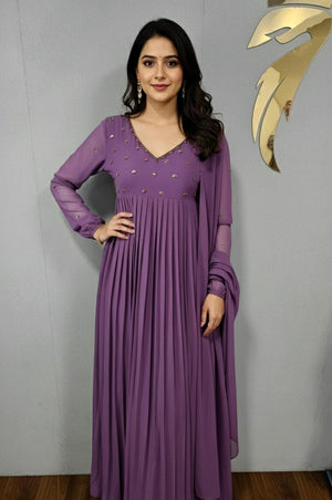 Festive Wear Yellow  and Purple Pleated kurti with Dupatta