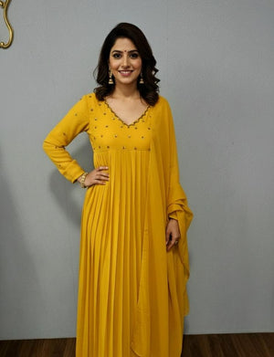 Festive Wear Yellow  and Purple Pleated kurti with Dupatta