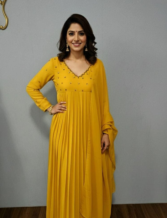 Festive Wear Yellow  Pleated kurti with Dupatta