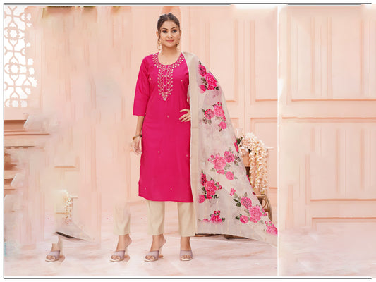 Festive and Party wear Roman Silk Rani Pink Kurta Sets