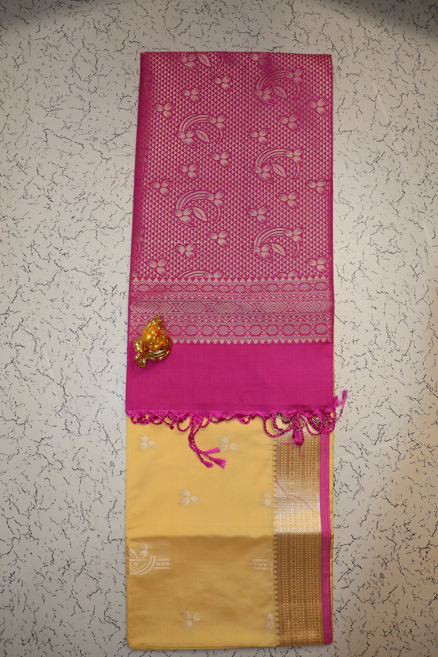 Festive and Wedding Wear Beige Luxury silk saree with Rani pink pallu