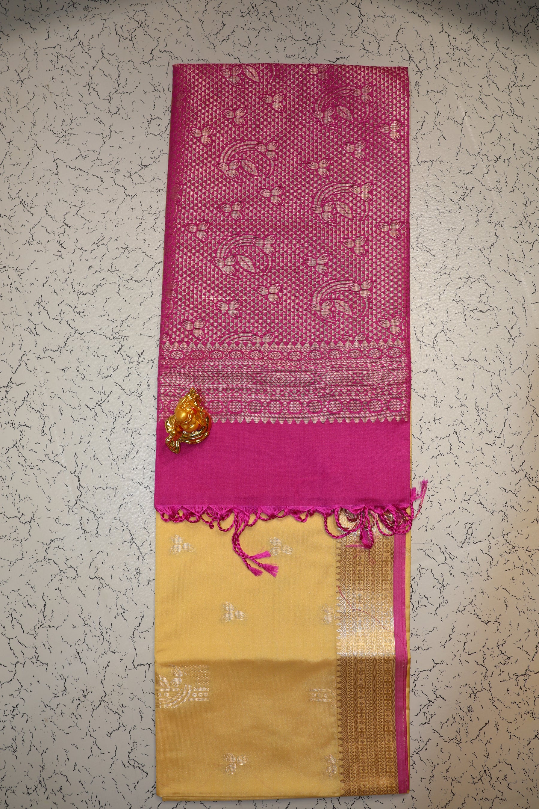 Festive & Wedding Luxury Beige Semi Silk Saree with Rani pink pallu
