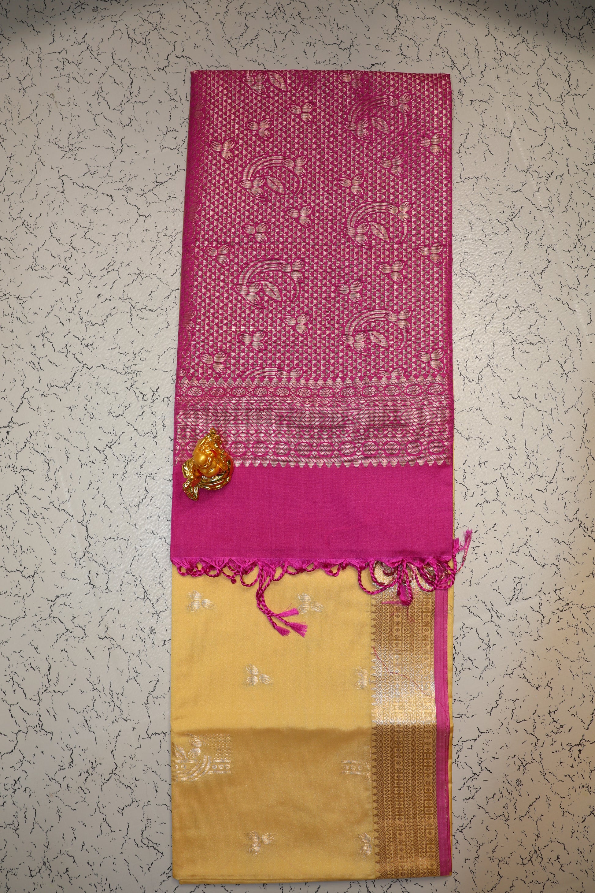 Festive and Wedding Wear Beige Luxury silk saree with Rani pink pallu