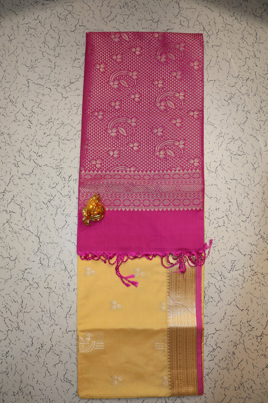 Festive and Wedding Wear Beige Luxury silk saree with Rani pink pallu