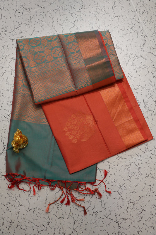 Festive and Wedding wear Pastel Orange soft silk saree with green  pallu