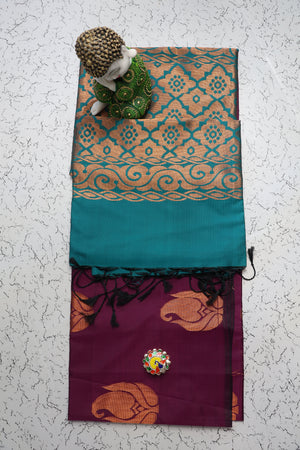 Budget friendly dark purple and Rama green soft silk saree