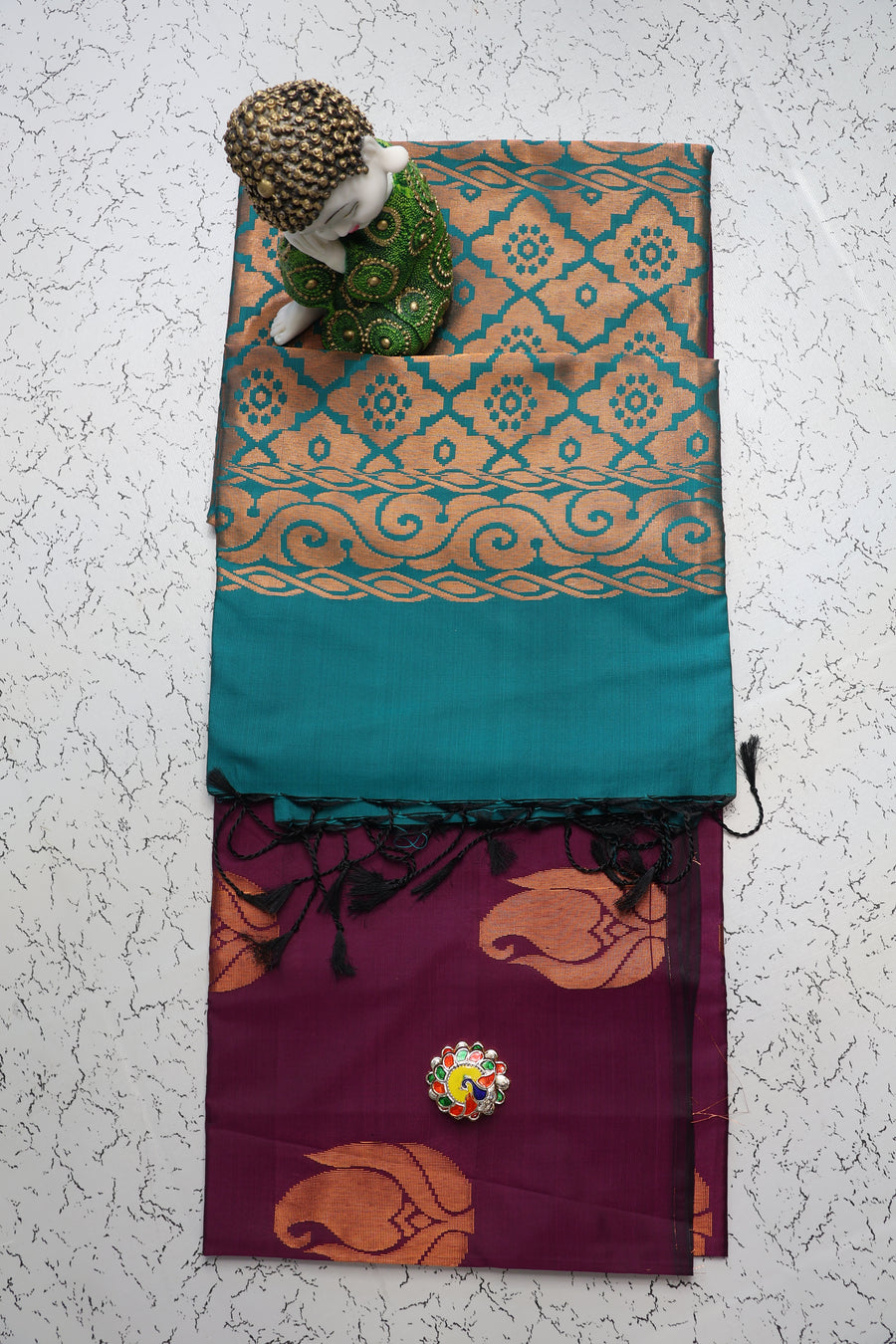 Budget friendly dark purple and Rama green soft silk saree