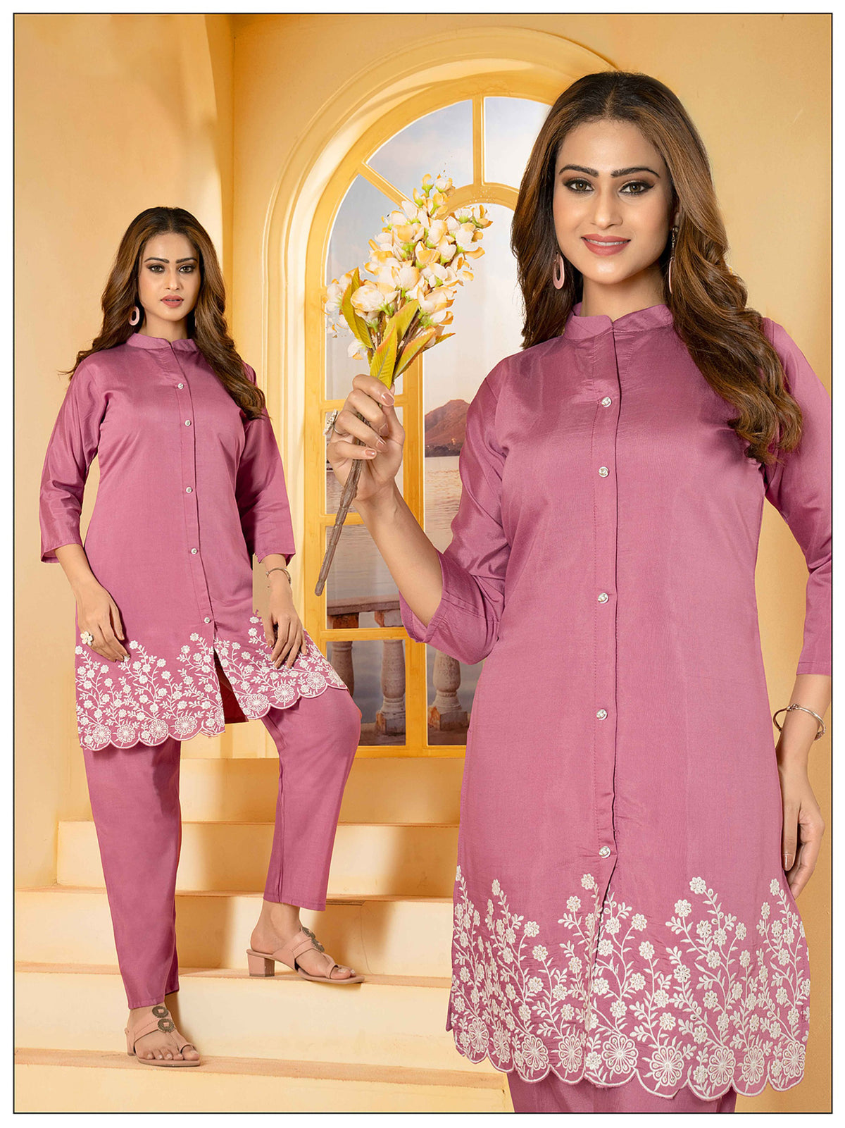 Festive and party wear Pink Roman silk co-ord sets