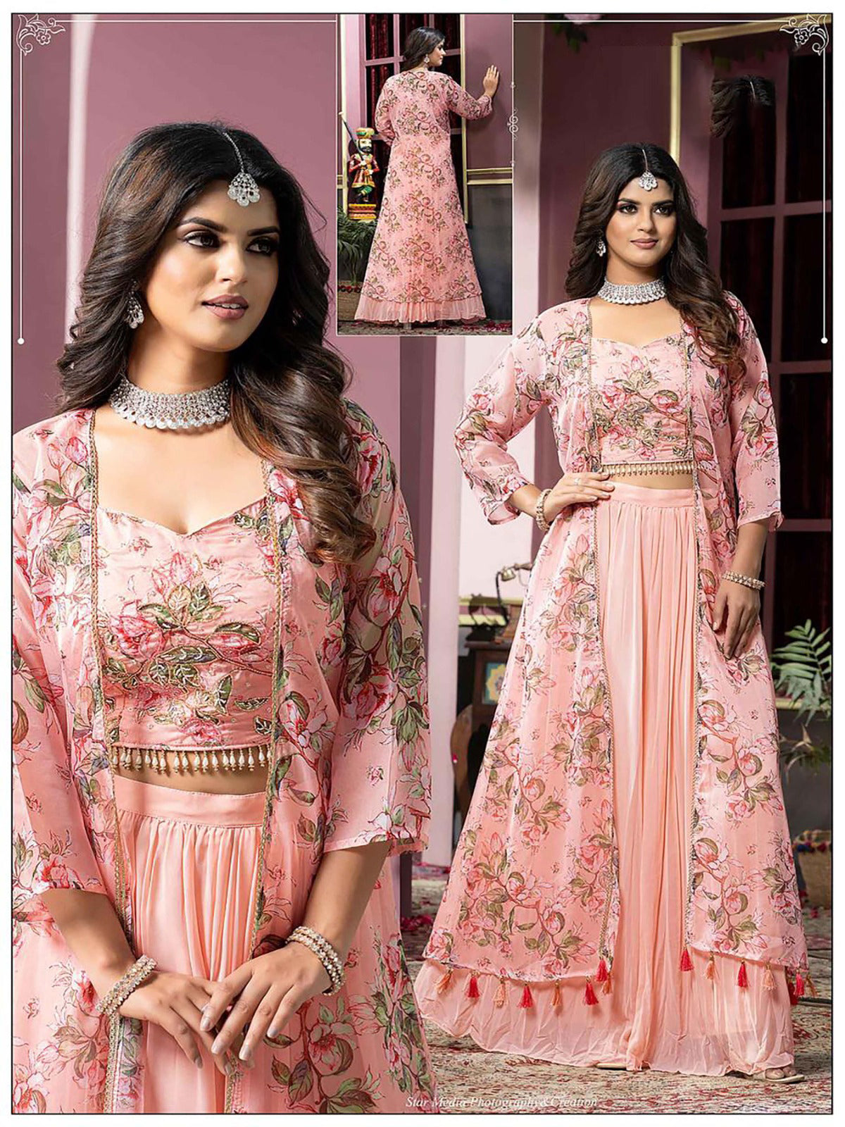 Festive and party wear Western Style Peach Lehenga Sets