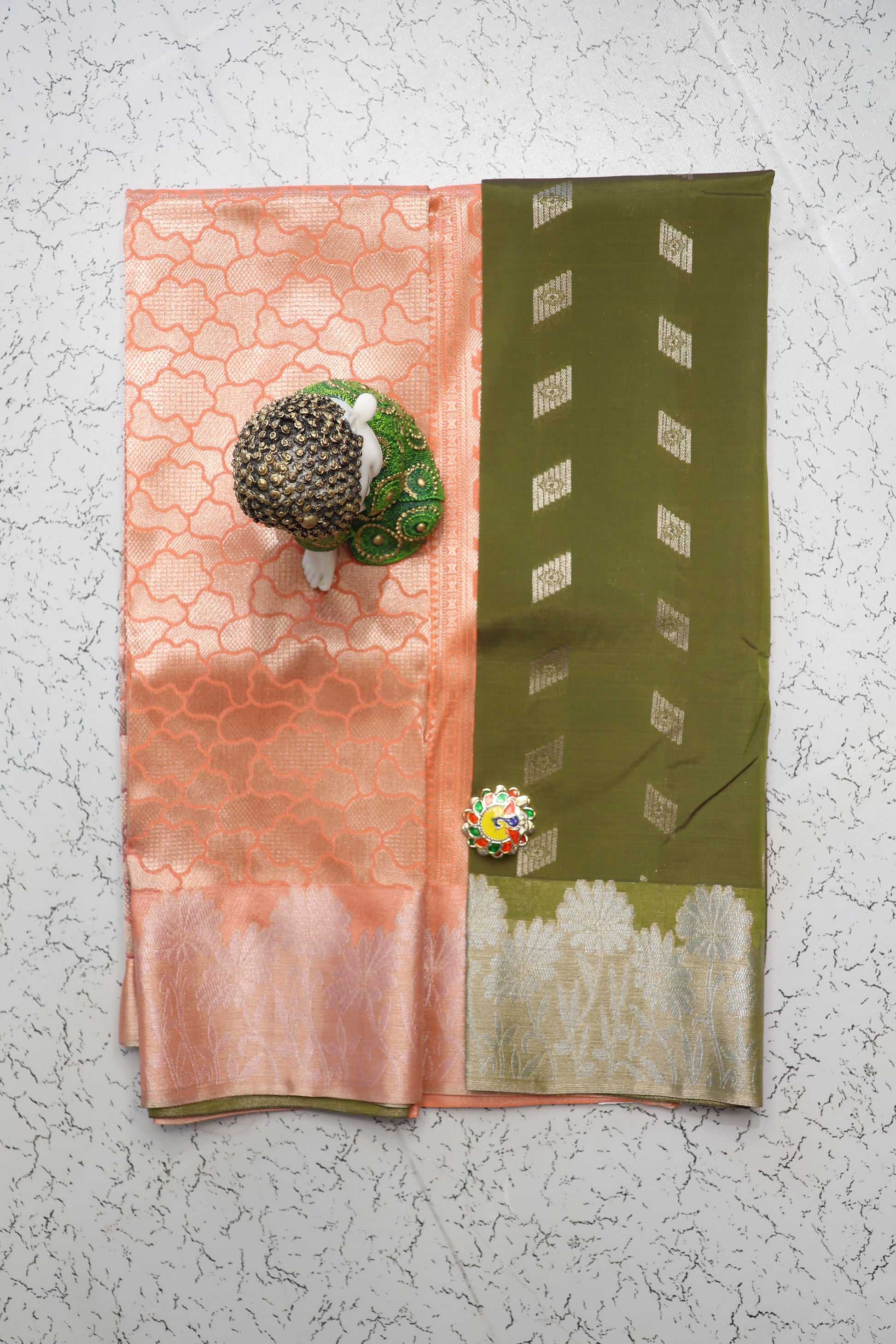 Festive and wedding wear Pastel shade Mehndi Green semi silk saree with Orange Pallu