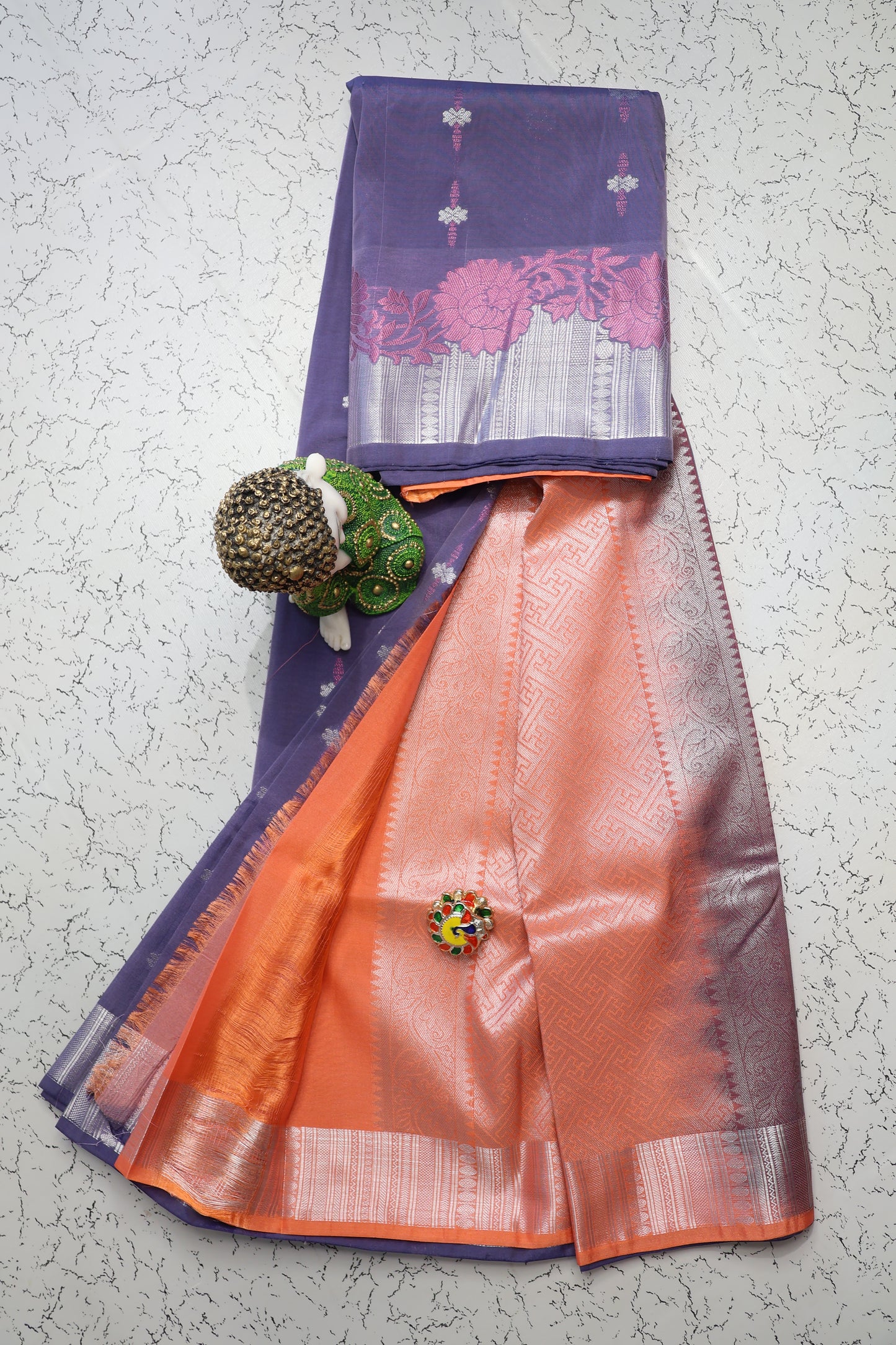 Festive and wedding wear Pastel shade purple silk saree with silver zari and Orange pallu