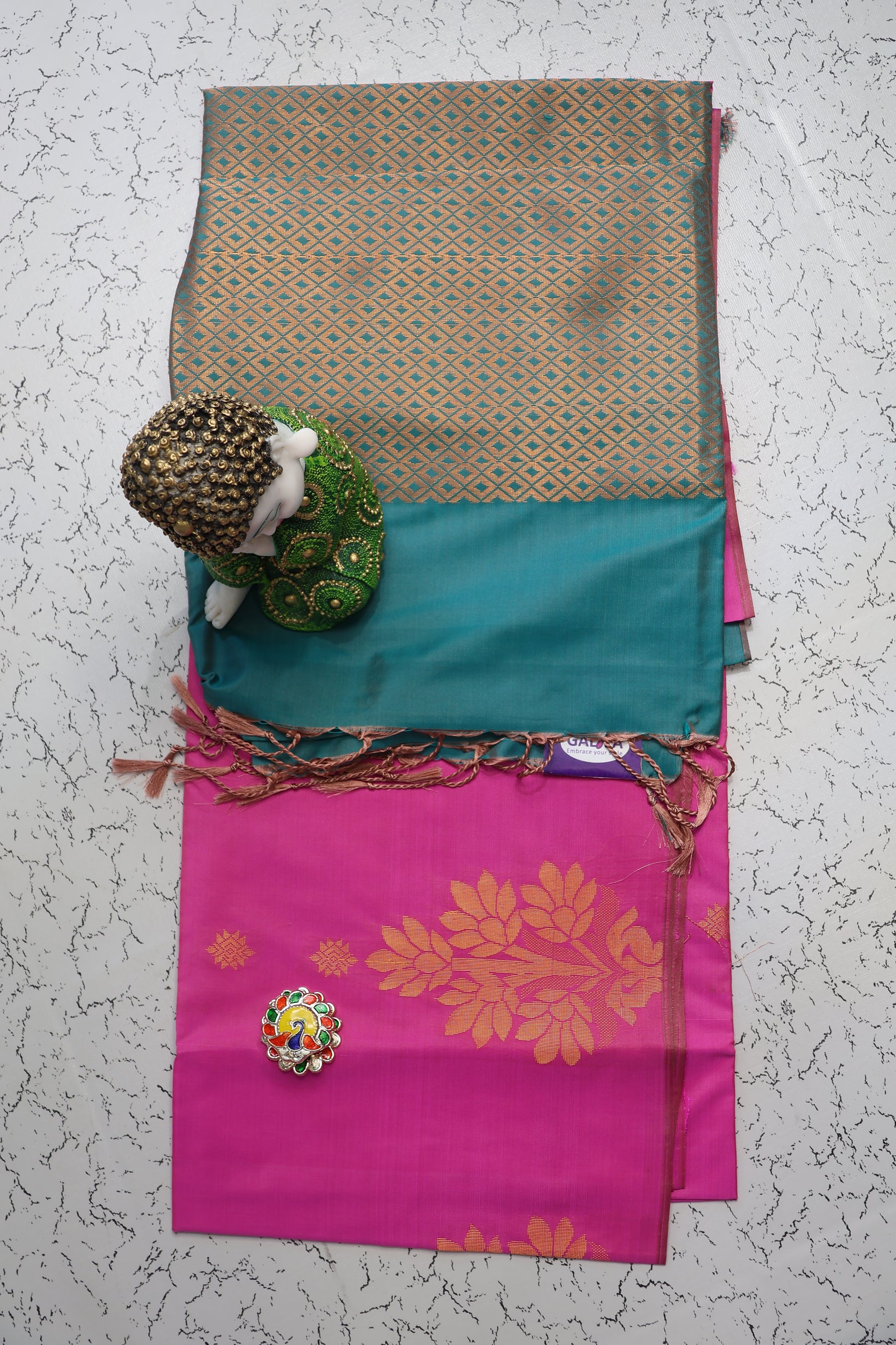 Budget friendly Pink and Rama green soft silk saree