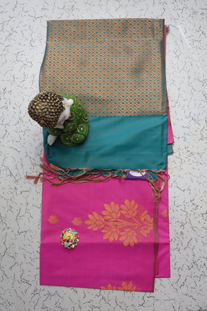 Budget friendly Pink and Rama green soft silk saree