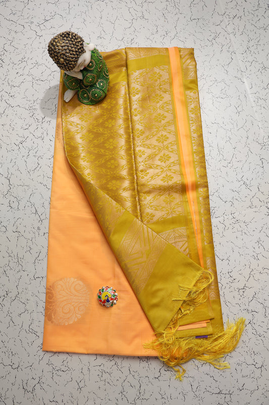 Festive and wedding wear Sandal yellow and mehndi green soft silk saree