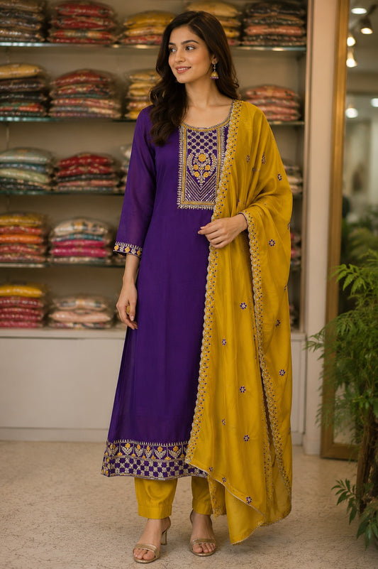 Festive wear Purple and mustard yellow kurta set for women