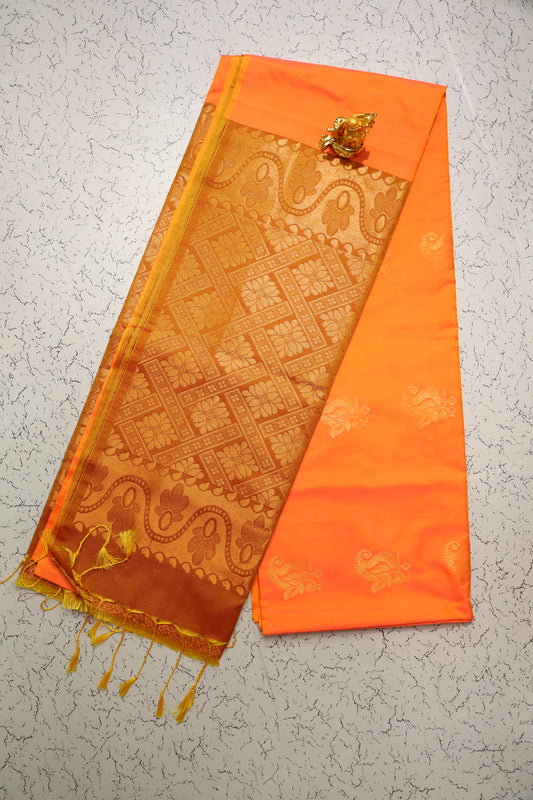 Festive wear dual shade Orange and Mehndi green soft silk saree