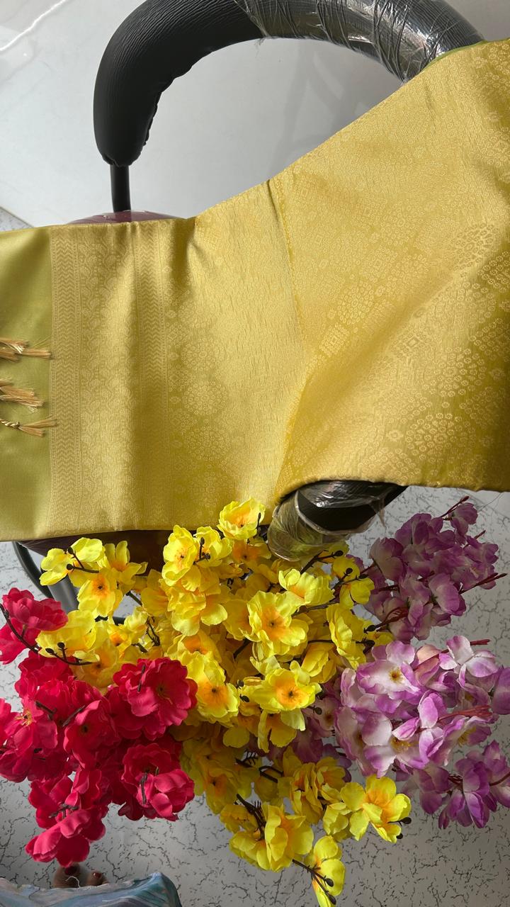 Budget friendly hand woven mehndi green and Golden yellow semi-silk saree