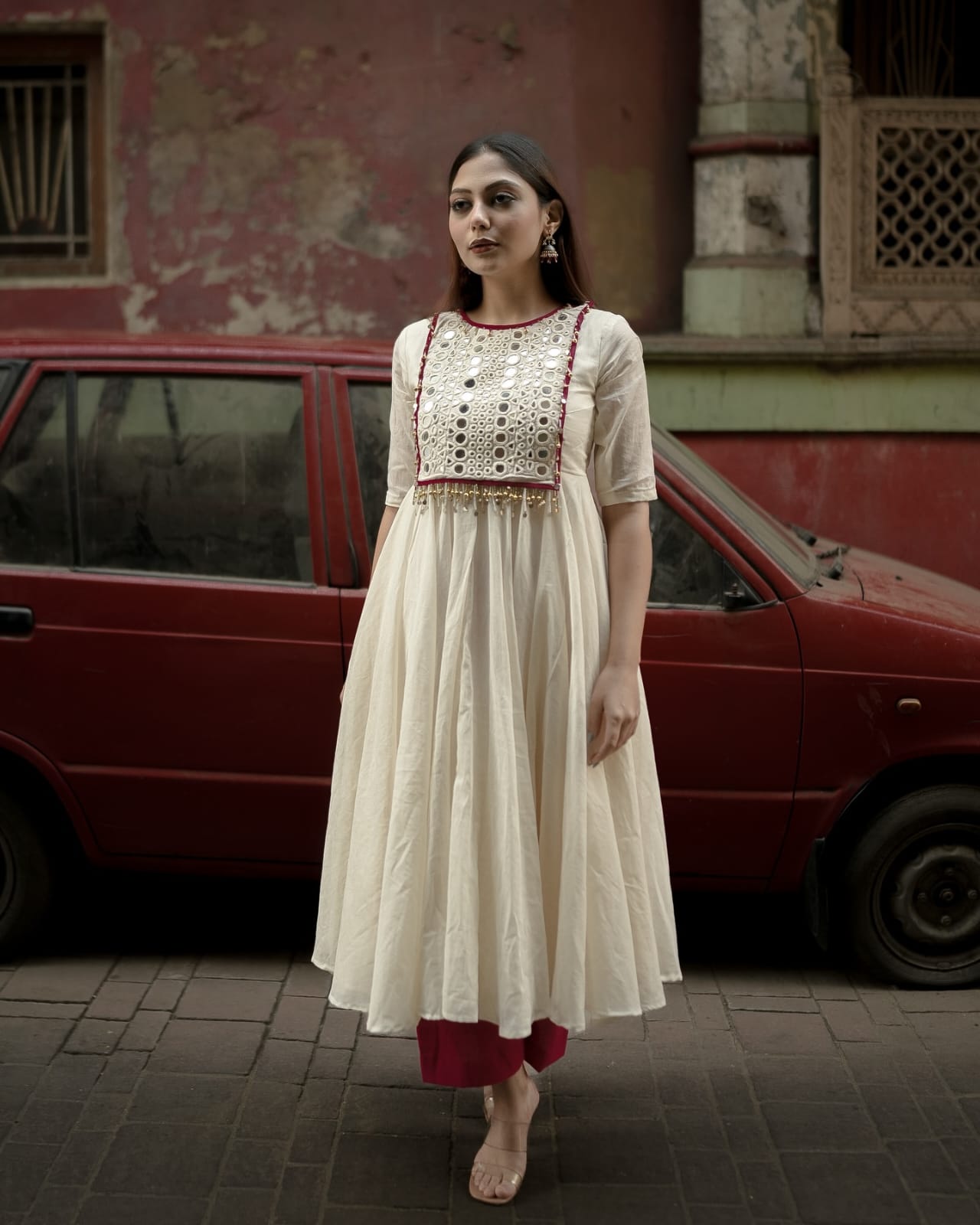 Half white Cotton Anarkali kurti with Pant
