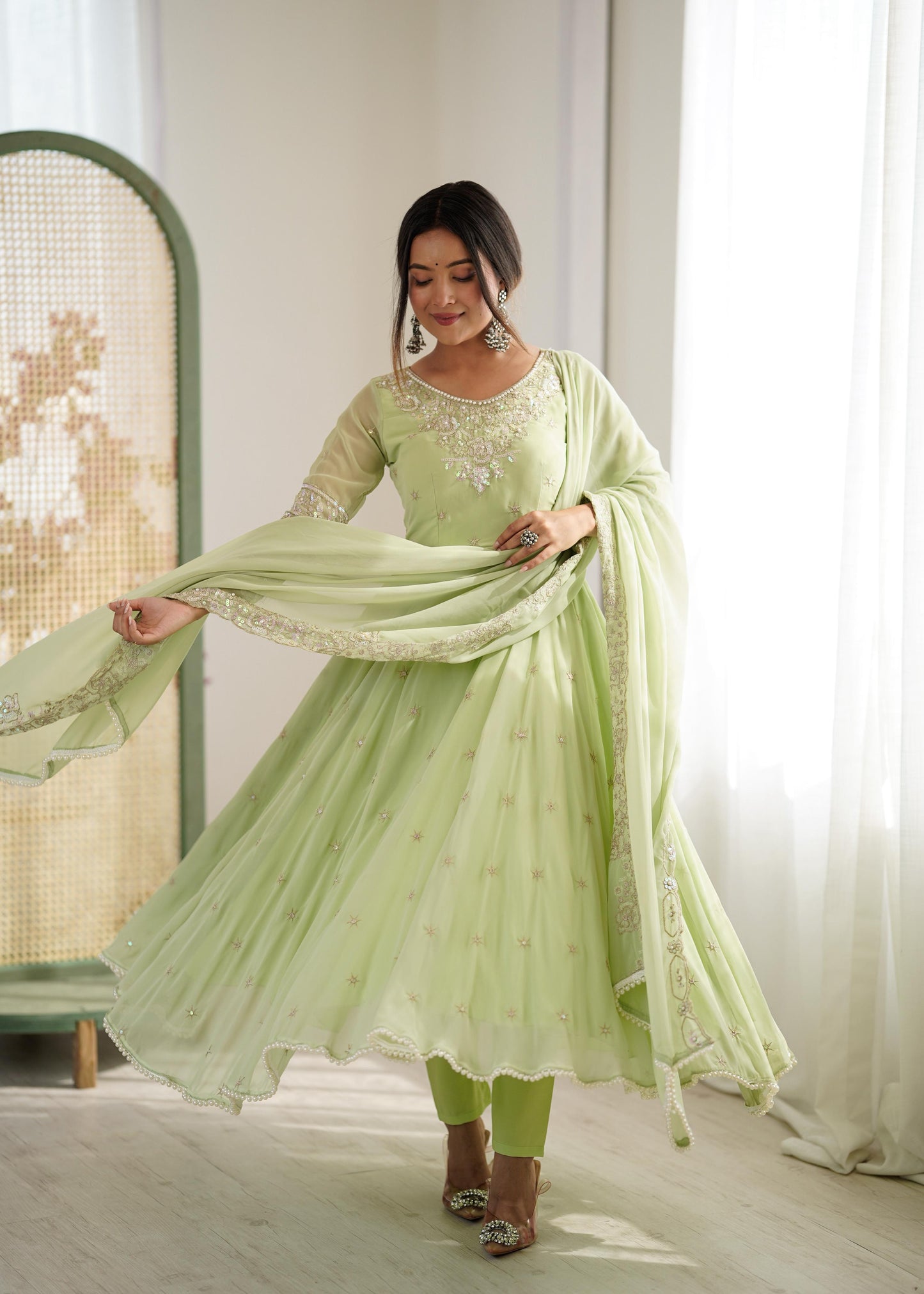 Heavy Embroidery Rainbow Sequence workPista green  kurta set